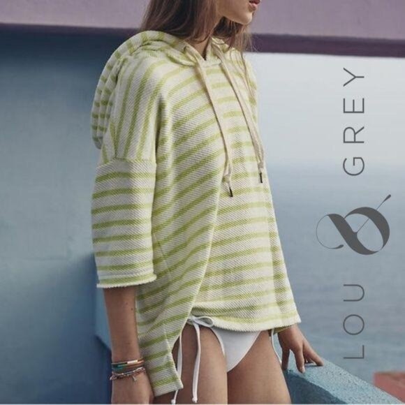 Lou & Grey Tops - Lou & Grey Striped Hooded Poncho Top S Yellow White Cotton Blend